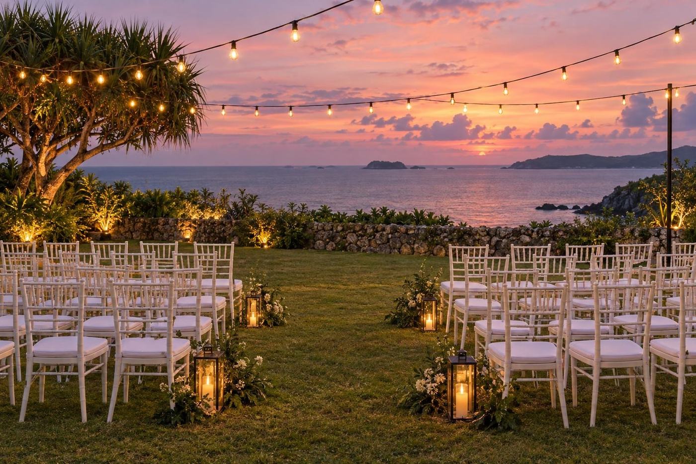 夕暮れの海辺の芝生に客席が並ぶイベント会場