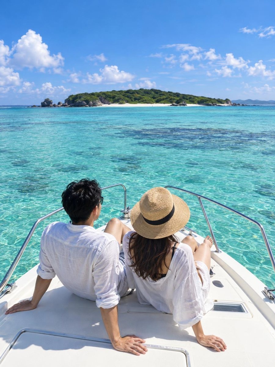 貸切ボートの舳先で、透明な海と島を眺めるふたり